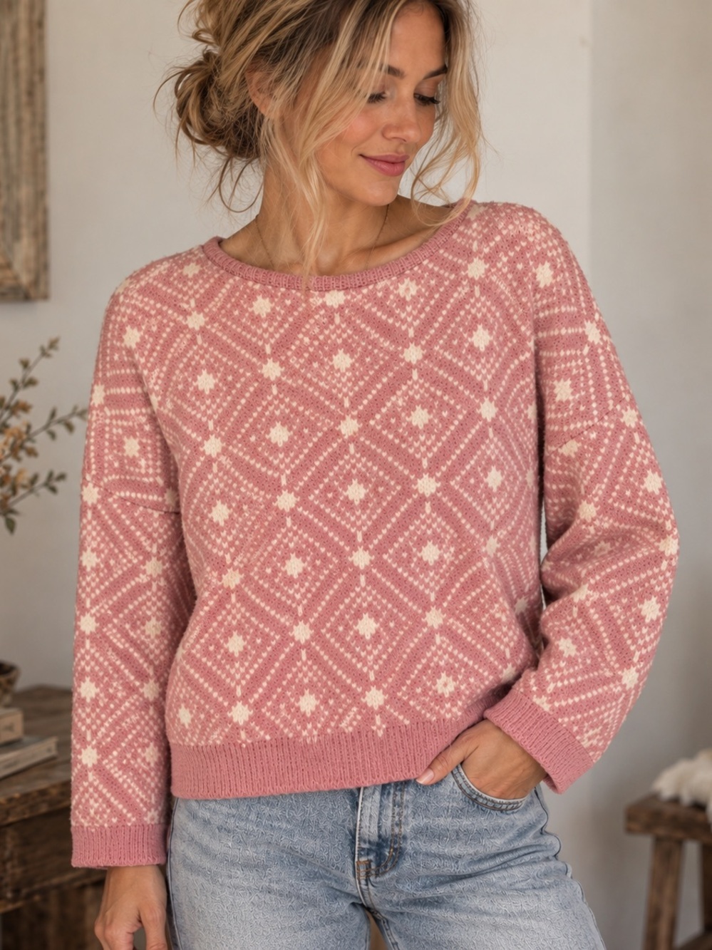 Vintage Pink & Ivory Geometric Knit Sweater